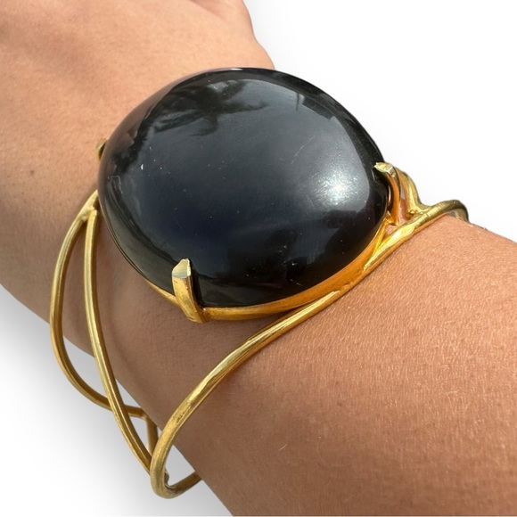 Vintage 10K Gold Filled Black Obsidian Cabochon Cuff Bracelet - Picture 9 of 9